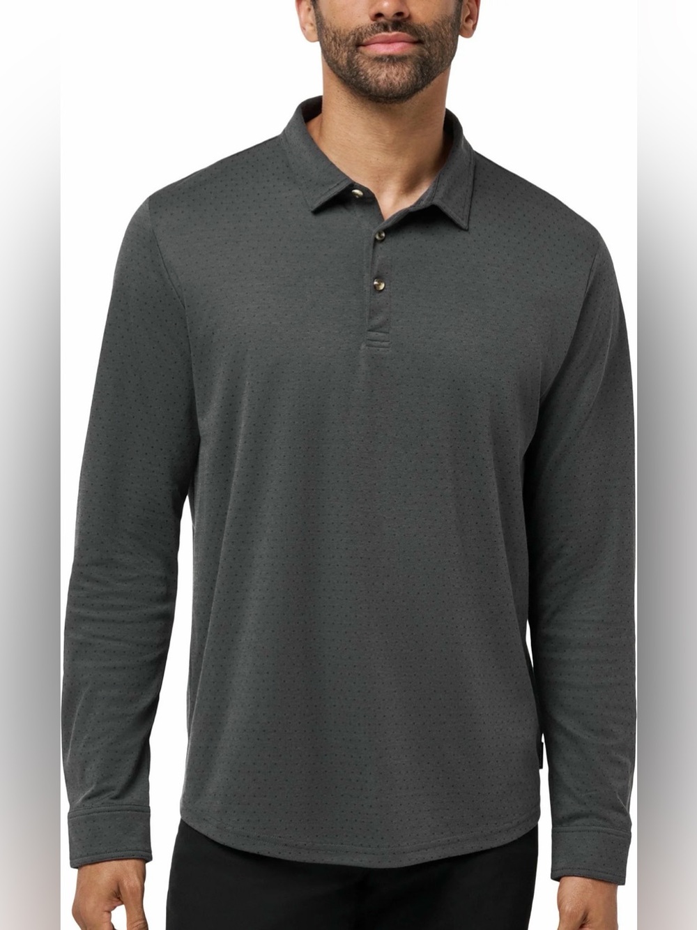 TRAVIS MATHEW Men's Handsome Town Long Sleeve Golf Polo in Heather Black